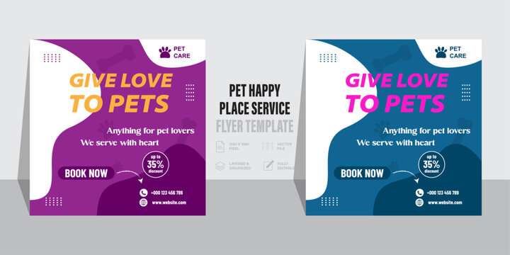 pet care social media post template, Editable modern banner with place for the photo, Pet care and shop square banner template design collection, Usable for social media post, banner, and web ad