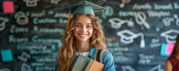 Education concept with copy space, Student holding books and backpack, smiling, graduation cap and diploma icons on background, learning and career development background