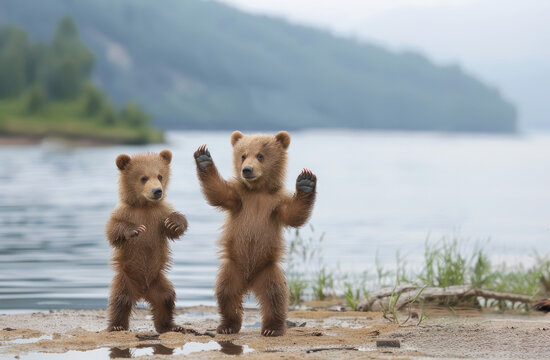 A photo of two cute brown bear cubs dancing