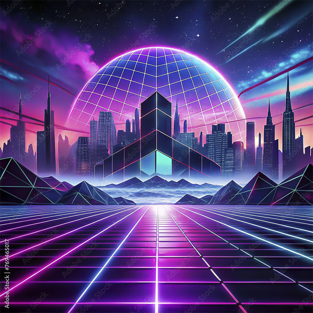 Poster futuristic cyber landscape with planet and neon lights. 3d rendering futuristic city background with