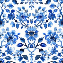 Watercolor Seamless pattern with blue and white