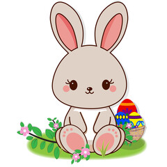 Little rabbit sitting on the grass with Easter eggs in a basket.