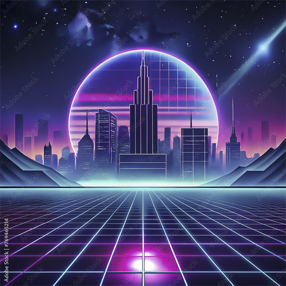 Poster futuristic cyber landscape with planet and neon lights. 3d rendering futuristic city background with