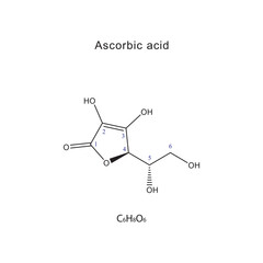 Ascorbic acid skeletal formula with carbon numbering, chemical formula and chemical name diagram. Scientific illustration.