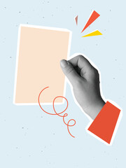 Hand holding a blank paper sheet with a place for text. Vector illustration in a modern collage style
