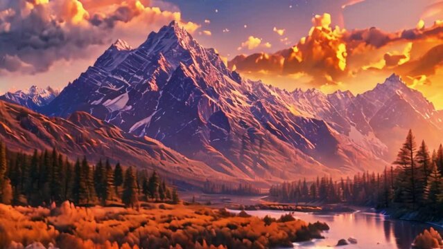 video Fantastic mountain landscape with a river and high peaks at sunset 