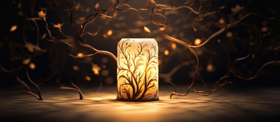 Fototapeta na wymiar An artful scene emerges as a candle illuminates a dark room, casting soft light on branches made of wood. The warm glow contrasts the surrounding darkness, creating a serene landscape