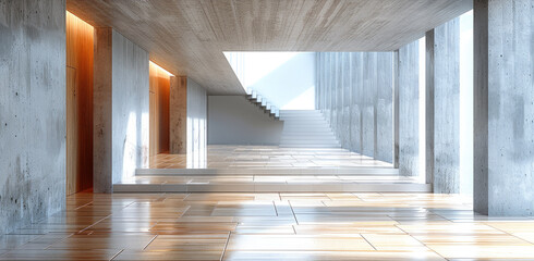 Interior design, wood and concrete, straight lines, rectangular shapes. Generative AI. - obrazy, fototapety, plakaty