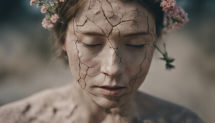 A detailed portrait of a person with skin made of cracked earth, delicate flowers sprouting from the fissures.