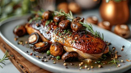 Tuinposter Baked duck with mushrooms on a long plate on table. Generative AI. © visoot
