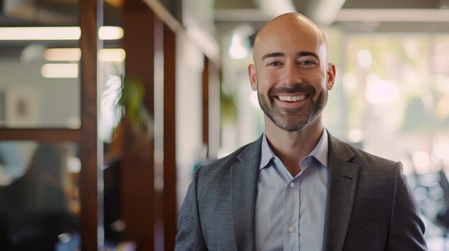 Happy smiling ceo manager at office space, possibly real estate, lawyer, non-profit, marketing