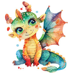 Colorful watercolor cute baby dragon character
