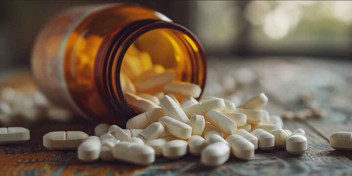 Medical Concept: White Pills Spilled from Prescription Bottle