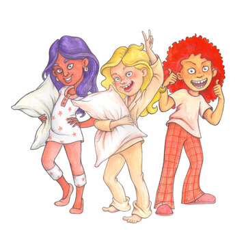 Group of laughing pre-teen girls in pajamas with pillows, preparing for a pj party. Isolated watercolor composition for T-shirt design, pajama day cards, sleepover invitation, posters