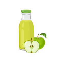 Green apple juice in bottle and green apple isolated on white background. Vector cartoon illustration of fresh fruit drink.