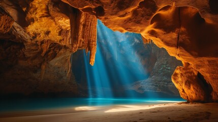 Inside the ancient cave With views of the beautiful underground ocean with water and light passing through from above. The walls have layers of dark orange stone.ai generated. - obrazy, fototapety, plakaty