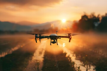 Fototapeta na wymiar A drone spraying pesticides over a wet agricultural field at sunrise. Concept Agricultural spraying, Drone technology, Sunrise landscape, Outdoor farming, Environmental impact