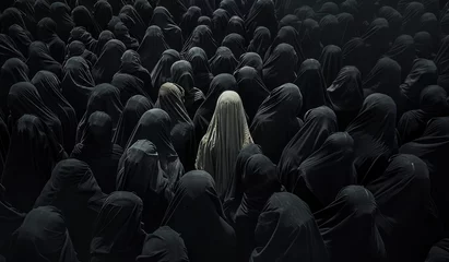 Foto op Canvas A lone blonde woman stands amidst an army of black women, all wearing burqas and covering their faces with headscarves. © Kien