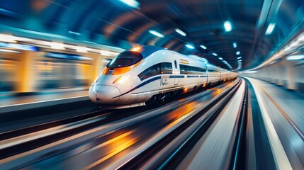 A high-speed bullet train speeding along a sleek, modern railway track, with futuristic design and advanced engineering ensuring a smooth and comfortable ride. - obrazy, fototapety, plakaty