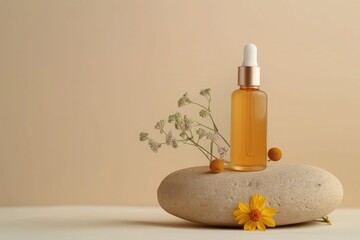 cosmetic bottle with pipettele podium with flowers on stone and beige background