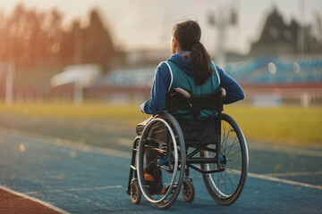 A disabled athlete sits on a wheelchair on the competition field. - obrazy, fototapety, plakaty