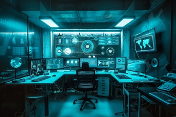 A high-tech cybersecurity center monitoring network threats and data protection, safeguarding digital assets. Text: "Cyber defense, tech security
