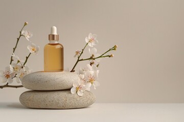 cosmetic bottle with pipettele podium with flowers on stone and beige background