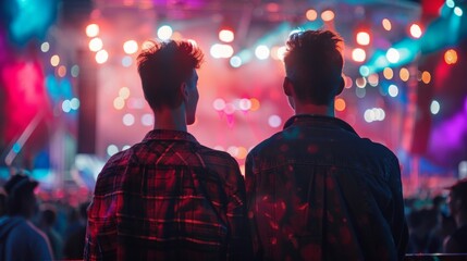 Two men enjoying a concert at a music festival. Back view