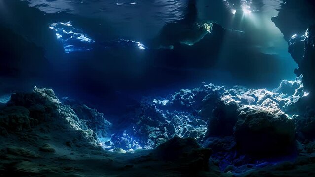 A panoramic view of the sunken world reveals the complex network of oceanic trenches that span across the ocean floor. The deep dark crevices stretch out into the distance