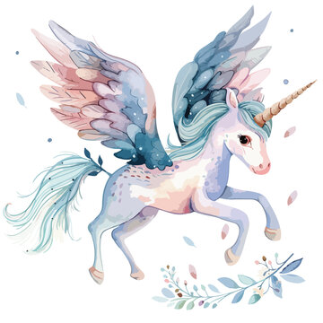 Cute fairy unicorn hand painted watercolor clipart 