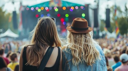 Two women enjoying a concert at a music festival. Back view
