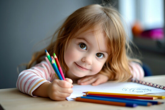 Cute child drawing and coloring.