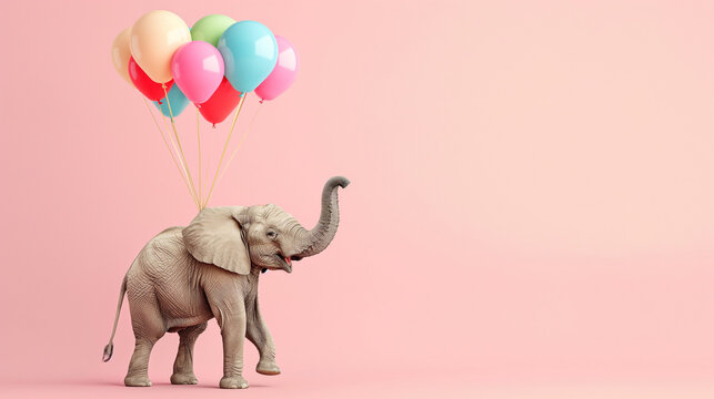 Party Elefant fliegt an oder mit Luftballons davon isoliert, freigestellt mit rosa Hintergrund für Grußkarte Idee Vorlage Motiv Platz für Text Generative AI