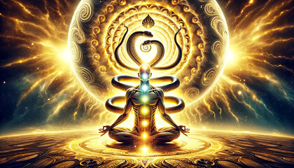A man is meditation in the center of a circle with a Kundalini snake around his neck. The snake is surrounded by a golden of colors. The man is meditating Spiritual awakening universe spirit