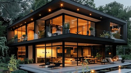Modern house with black exterior, glass windows and wooden accents. The design includes two floors, an open terrace on the first floor. Generative AI. - obrazy, fototapety, plakaty