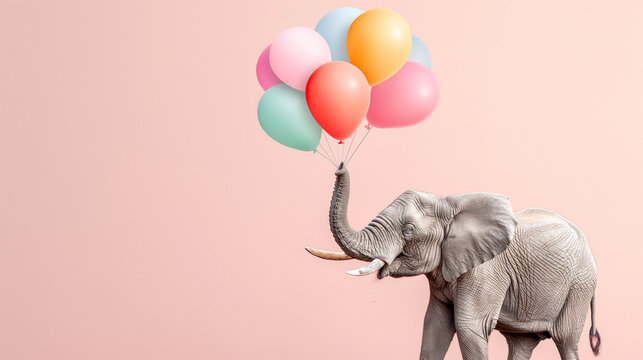 Party Elefant fliegt an oder mit Luftballons davon isoliert, freigestellt mit rosa Hintergrund für Grußkarte Idee Vorlage Motiv Platz für Text Generative AI