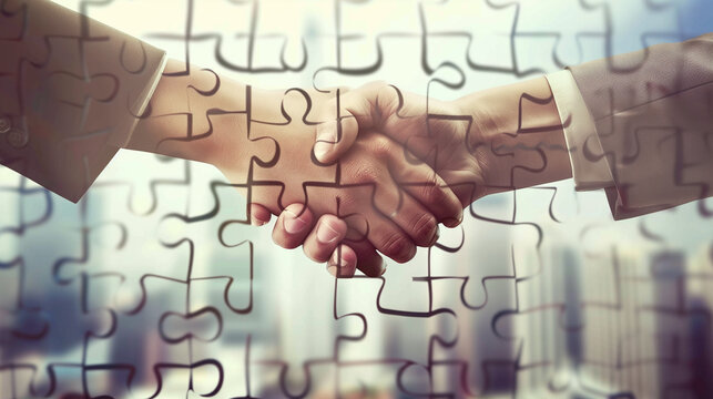 business people shaking hands in a puzzle 