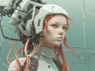 Fototapeta premium Redheaded Female Cyborg Mechanic in Futuristic Digital Portrait description:This striking digital depicts a female cyborg mechanic with vibrant red