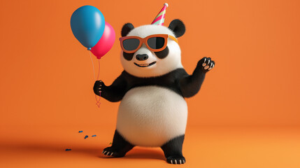 Pandabär 3d comic macht Party Vorlage isoliert einfarbiger Hintergrund Karte Generative AI - obrazy, fototapety, plakaty