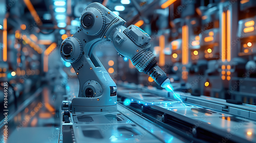Aufkleber futuristic manufacturing factory with smart advanced robotic arm glowing blue neon light surrounded.