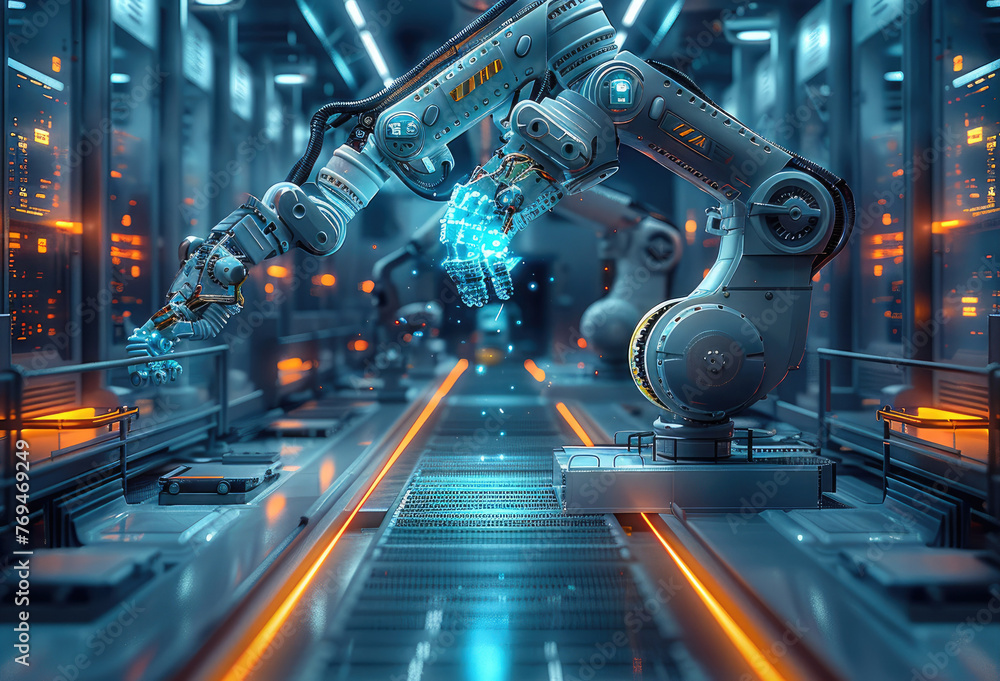 Aufkleber futuristic manufacturing factory with smart advanced robotic arm glowing blue neon light surrounded.
