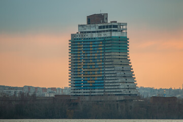 
Walk along the Dnieper River on a spring day, view of the city