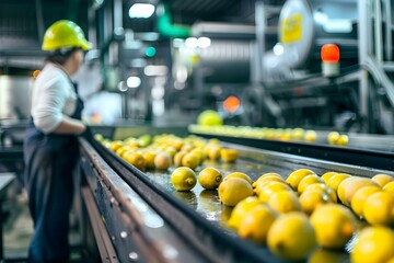 Worker in background at agricultural processing plant following safety regulations and avoiding health hazards. Concept Worker Safety, Agricultural Processing, Health Hazards, Safety Regulations