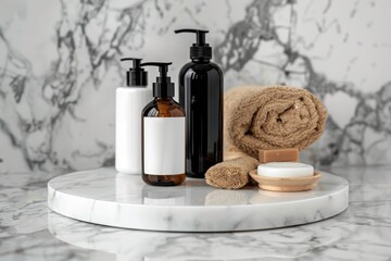 Fototapeta na wymiar Cosmetic products on white marble pedestal in bathroom