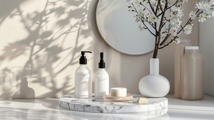 Cosmetic products on white marble pedestal in bathroom