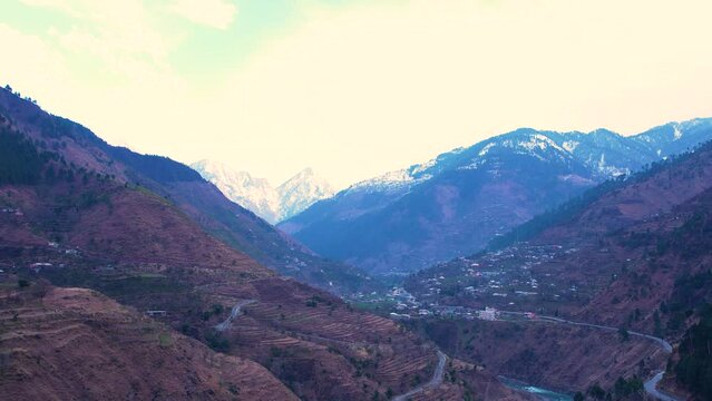 Kishan Ganga river in Dist Muzaffarabad, Azad Kashmir, framed by snow-capped mountains. Neelum Valley road and villages dot the landscape