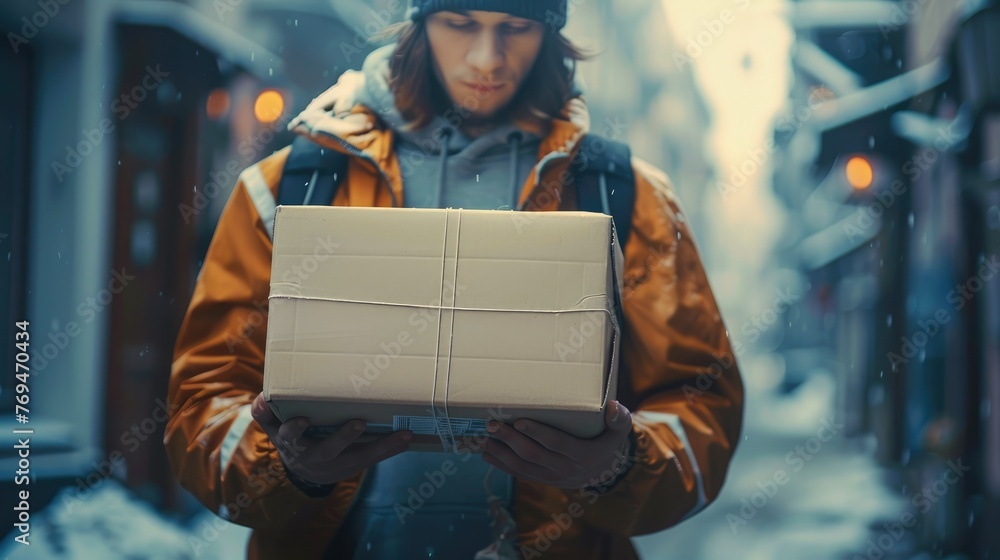 Poster Focusing on a rectangular package cradled at an angle in the hands of a delivery worker. Generative AI.