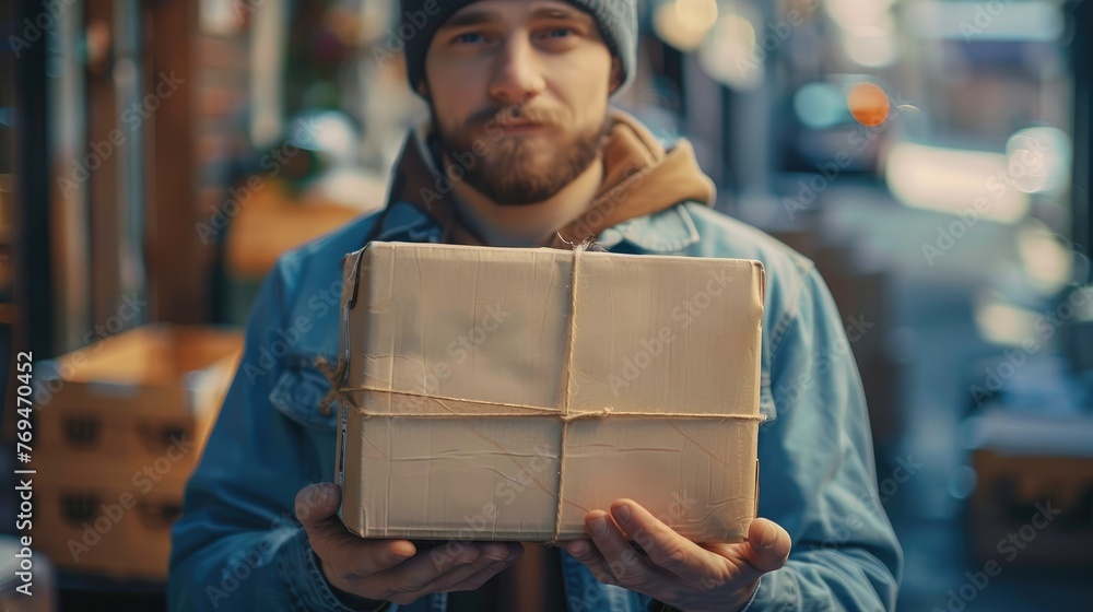 Poster Focusing on a rectangular package cradled at an angle in the hands of a delivery worker. Generative AI.