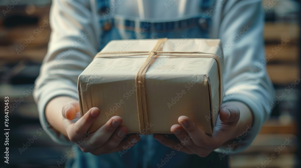 Poster Focusing on a rectangular package cradled at an angle in the hands of a delivery worker. Generative AI.