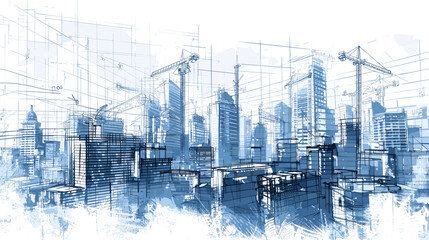 Sketch drawing cityscape scene is rich with color and life with reflective glass surfaces and others featuring more traditional architectural elements.